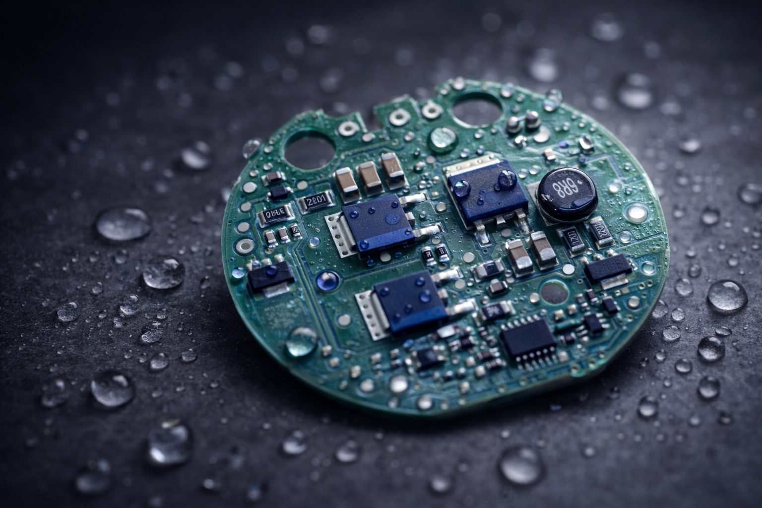 Circuit board with water droplets. Edited in Ki.