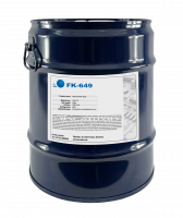 Schwarzes Fass mit weißem Etikett und blauem Schriftzug FK-649