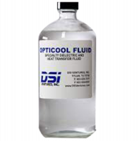 Glass bottle labeled with Opticool Fluid